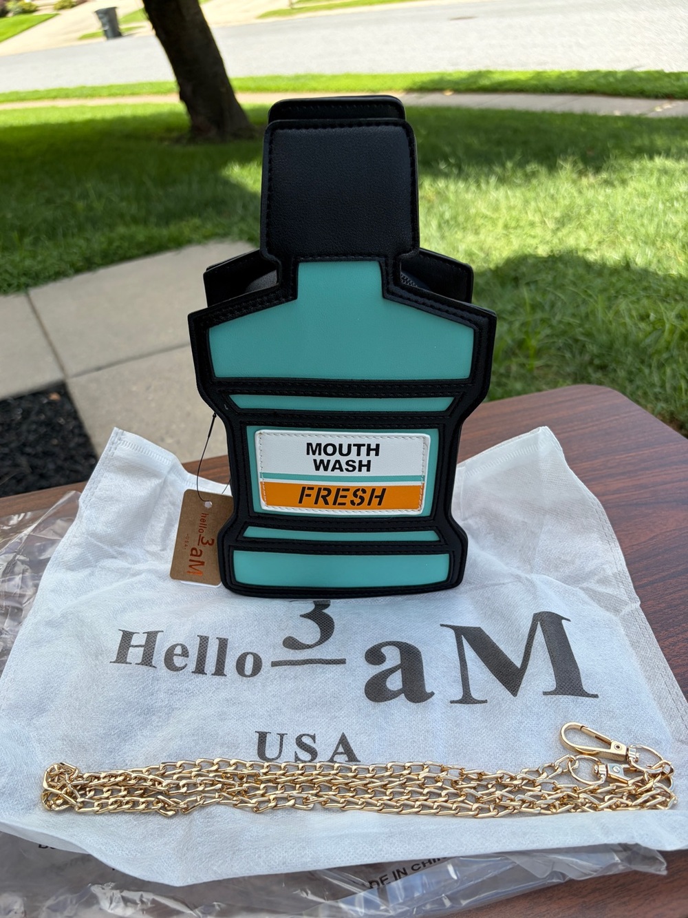 Hello 3AM Mouthwash Bottle Novelty Crossbody Purse Clutch Chain Bag NWT